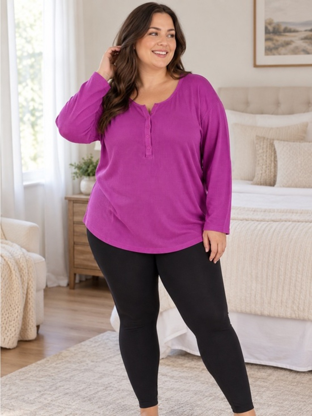Cacique Sleepwear Purple Waffle Knit Henley Top Plus Size 26/28W NWT